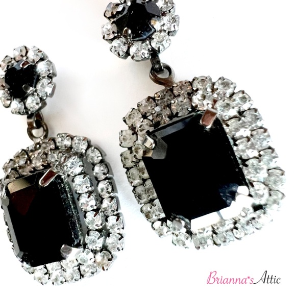 Black stone Crystal Silver Rhinestone Dangle Drop Clip-on Earrings - Picture 2 of 8